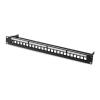 24-port blank patch panel, uninstalled, empty 24P panel, shielded, 19-inch, 1U rack mount, with labeling, field cable strip, ground wire view 1