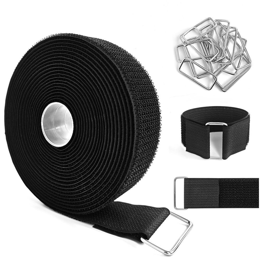1.5" x16ft Hook and Loop Straps with Metal Buckles, Molle Cable Straps, Adjustable Fastening Cinch Strap, Reusable Nylon Securing Cord Ties, 1.5 inch Wide, Black with 15 Buckles