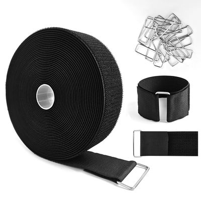 2" x32ft Hook and Loop Straps with Metal Buckles, Molle Cable Straps, Adjustable Fastening Cinch Strap, Reusable Nylon Securing Cord Ties, 2 inch Wide, Black with 20 Buckles