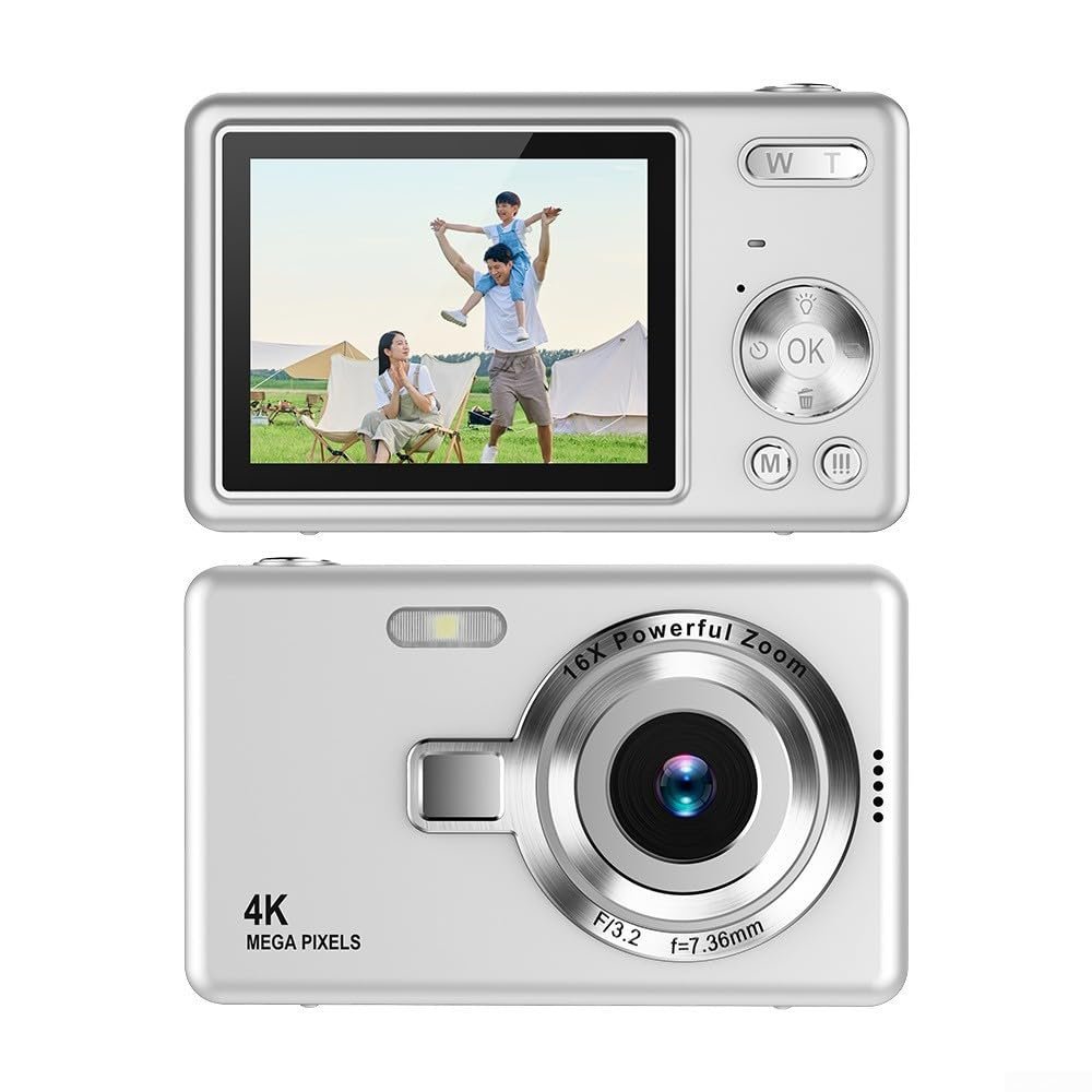 CCD 1080P Digital Camera, 96MP Sensor, 16X Digital Zoom, 2.4 Inch IPS Screen for Vlogging, Travel, and Student Photography, Compact Design(Silver)