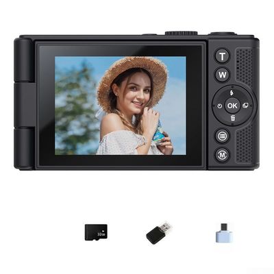 4K Digital Camera, 64MP 16X Zoom and 180 Flip Screen for Vlogging, Selfie-Friendly Compact Camera for Travel and Student-Friendly Design(Black 32G)
