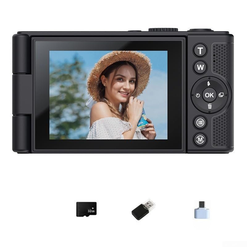 4K Digital Camera, 64MP 16X Zoom and 180 Flip Screen for Vlogging, Selfie-Friendly Compact Camera for Travel and Student-Friendly Design(Black 32G)