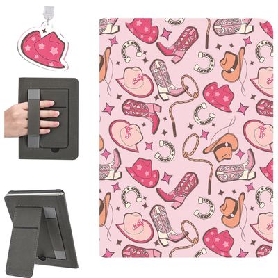 CozyNestCY Stylish West Cowgirl Stand Case For 7"Kindle Paperwhite 12Th 2024 & Kindle Colorsoft With Dust Plug Cute Pink Bow Boot Leather Cover Auto Sleep/Wake & Hand Strap Lovely Kickstand Slim Case