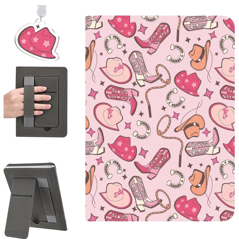 CozyNestCY Stylish West Cowgirl Stand Case For 7"Kindle Paperwhite 12Th 2024 & Kindle Colorsoft With Dust Plug Cute Pink Bow Boot Leather Cover Auto Sleep/Wake & Hand Strap Lovely Kickstand Slim Case