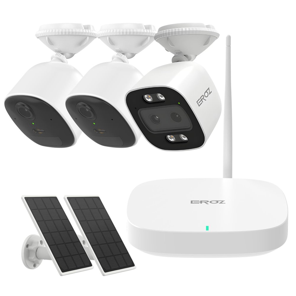 EROZ Smart Security Camera System Bundle | 1 Vigil Duo AX + 2 Opal + 1 Mini Hub | Wi-Fi 6 2K AI Cameras with Color Night Vision, Human Detection, Local Storage, IP66 Weatherproof, No Monthly Fees
