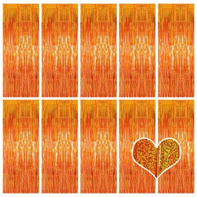 10 Pack Orange Backdrop Curtain 3.2ft x 8.2ft Metallic Tinsel Foil Fringe Curtains Photo Booth Background for Birthday Party Decoration Baby Shower Engagement Wedding Christmas Decoration
