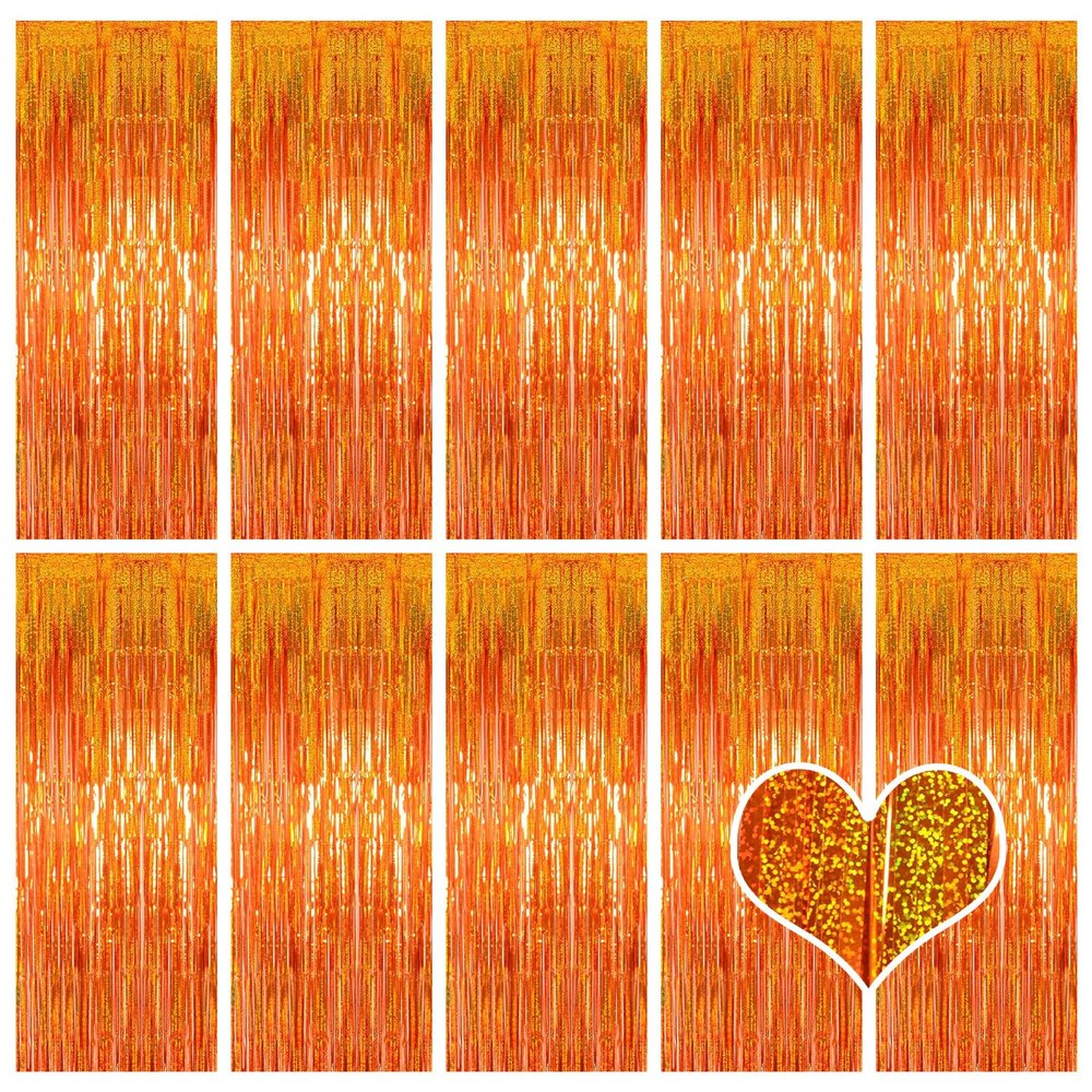 10 Pack Orange Backdrop Curtain 3.2ft x 8.2ft Metallic Tinsel Foil Fringe Curtains Photo Booth Background for Birthday Party Decoration Baby Shower Engagement Wedding Christmas Decoration