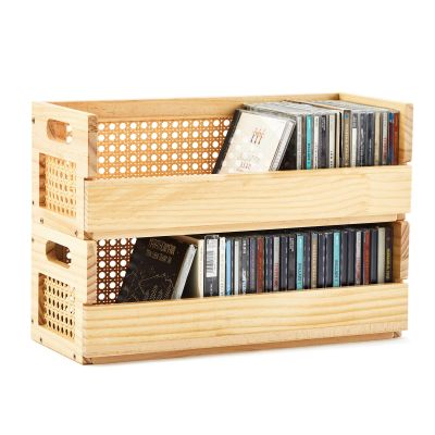 CroBlissful 2 Set Wooden CD Storage Box Holder Shelf with Carrying Handles, Rattan Design Cassette Tape Display Racks Organizer Shelf for Movie Cases, DVDs, Each Set Can Store up to 36 Pcs CDs