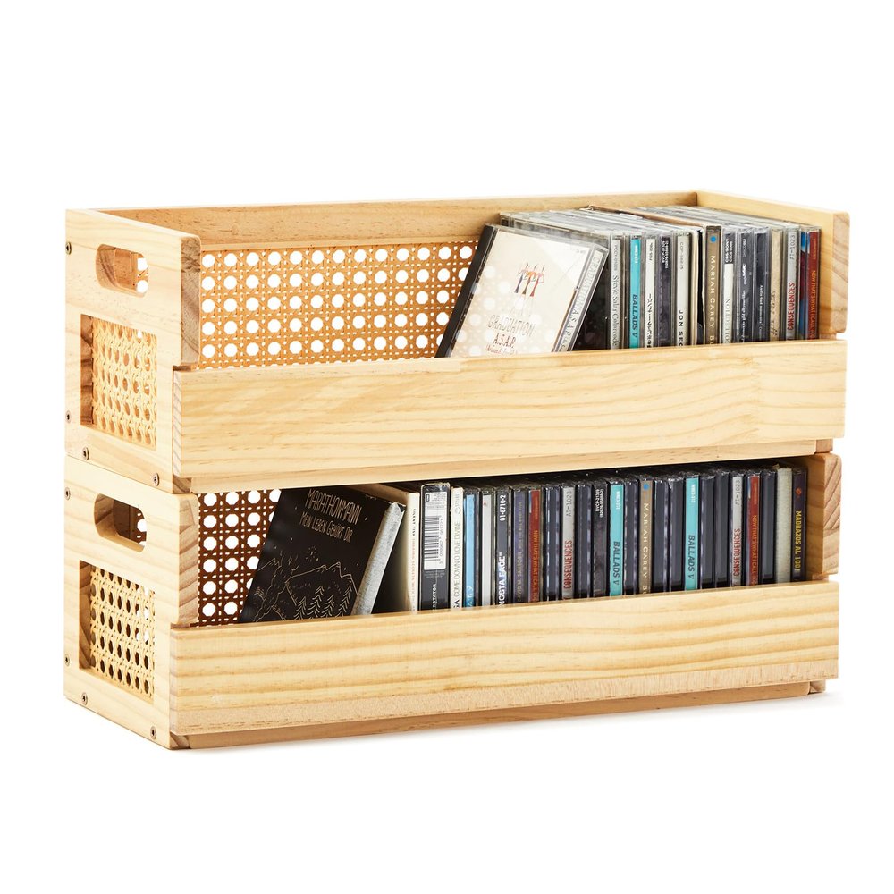 CroBlissful 2 Set Wooden CD Storage Box Holder Shelf with Carrying Handles, Rattan Design Cassette Tape Display Racks Organizer Shelf for Movie Cases, DVDs, Each Set Can Store up to 36 Pcs CDs