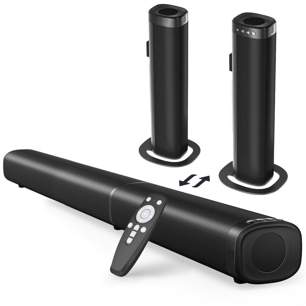 Puriom Sound Bar for Smart TV, 100W Sound Bar with Bluetooth 5.3/ARC/Opt/AUX Connect, 2-in-1 Detachable Home Soundbar, Home Theater Speaker & Bass Effect, for TV/PC/Projectors