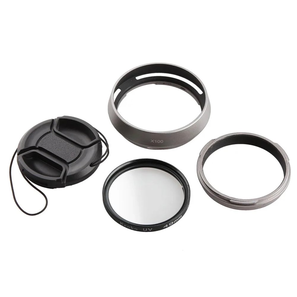 4In1 Accessories for Fujifilm X100 X100S X100T X100F X100V X70 Camera Lens Adapter + Lens Hood + 49mm UV Filter + Lens Cap Excellent(4In1 X100 (Silver))