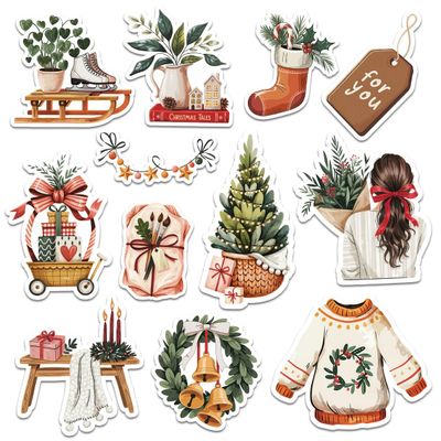 12 Pcs Cozy Christmas Stickers, Rustic Holiday Aesthetic Decals with Sweater, Tree, Gifts, Wreath, Neutral Christmas Stickers for Laptop, Bottle, Notebook, Scrapbook, Holiday Gift Wrapping 6 Inches
