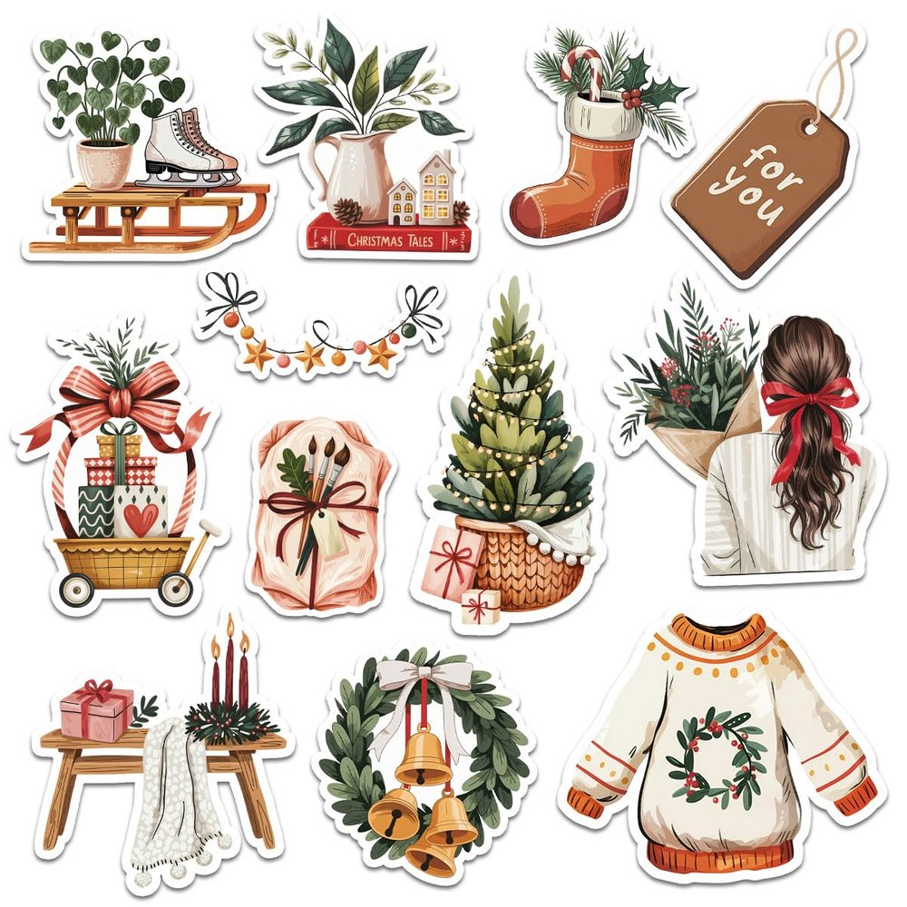 12 Pcs Cozy Christmas Stickers, Rustic Holiday Aesthetic Decals with Sweater, Tree, Gifts, Wreath, Neutral Christmas Stickers for Laptop, Bottle, Notebook, Scrapbook, Holiday Gift Wrapping 6 Inches