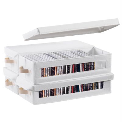 Coorganisers 4 Packs CD Storage Box with Visible Window, Stackable CD Case Holder with Dustproof Lid and Handles, Holds Up to 148 CDs in Full Jewel Cases-15.75 x 6.10 x 5.31 Inches-White