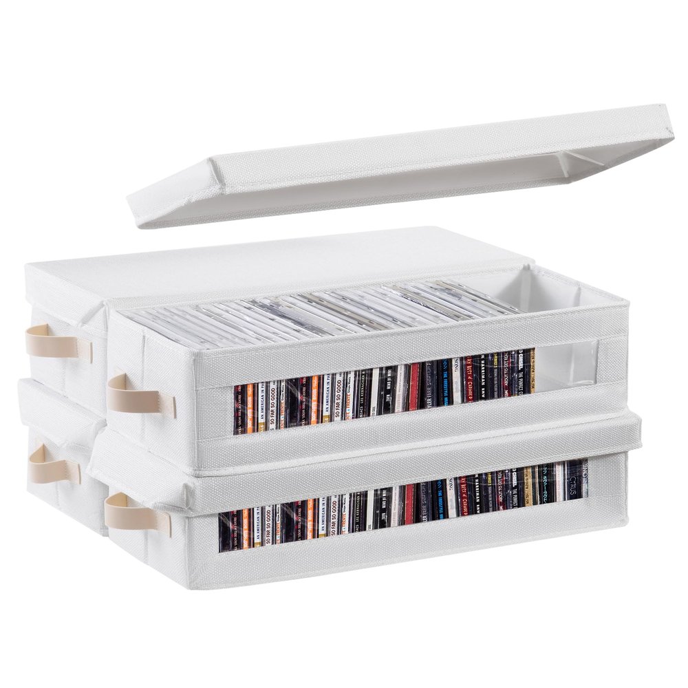Coorganisers 4 Packs CD Storage Box with Visible Window, Stackable CD Case Holder with Dustproof Lid and Handles, Holds Up to 148 CDs in Full Jewel Cases-15.75 x 6.10 x 5.31 Inches-White