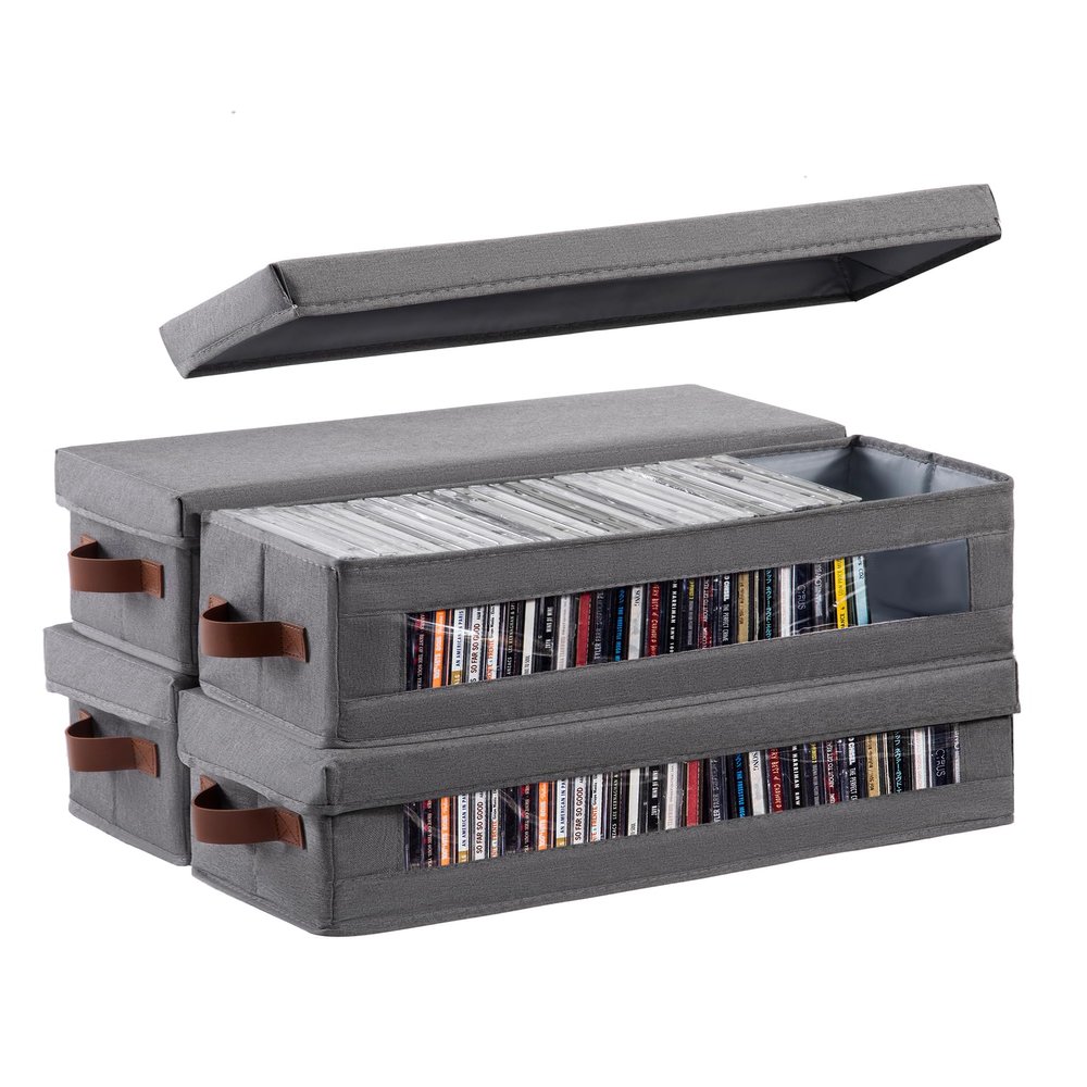 Coorganisers 4 Packs CD Storage Box with Visible Window, Stackable CD Case Holder with Dustproof Lid and Handles, Holds Up to 148 CDs in Full Jewel Cases-15.75 x 6.10 x 5.31 Inches-Grey