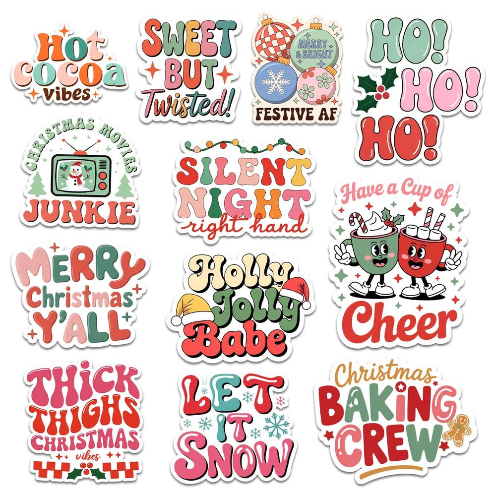 12 Pcs Funny Christmas Stickers Set, Retro Holiday Quote Decals with Sayings Like Hot Cocoa Vibes, Christmas Baking Crew, Stickers for Laptop, Water Bottle, Phone, Window, Helmet 8 Inches