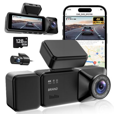 4K 3 Channel Dash Cam Front and Rear with Cabin, 4K+1080P+1080P Dash Camera for Cars, Free 128GB Card Included, Dash Cam with Night Vision, WiFi, GPS, APP Control, Parking Monitor, Loop Recording