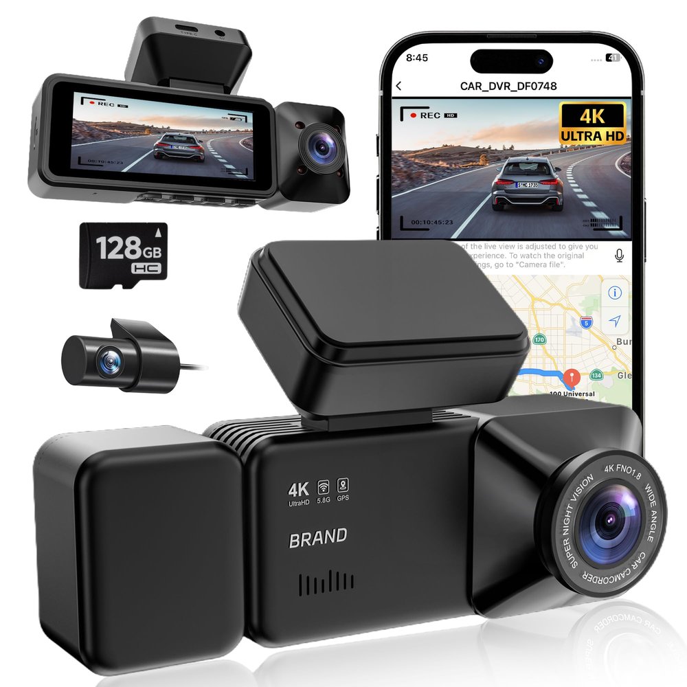 4K 3 Channel Dash Cam Front and Rear with Cabin, 4K+1080P+1080P Dash Camera for Cars, Free 128GB Card Included, Dash Cam with Night Vision, WiFi, GPS, APP Control, Parking Monitor, Loop Recording