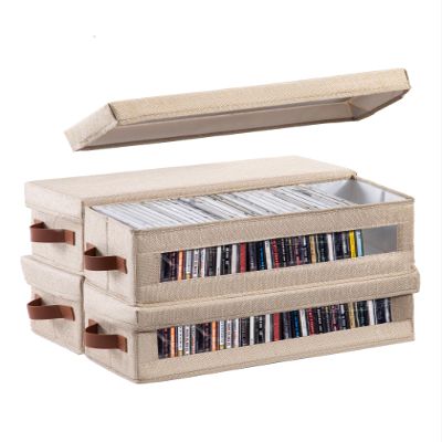 Coorganisers 4 Packs CD Storage Box with Visible Window, Stackable CD Case Holder with Dustproof Lid and Handles, Holds Up to 148 CDs in Full Jewel Cases-15.75 x 6.10 x 5.31 Inches-Beige