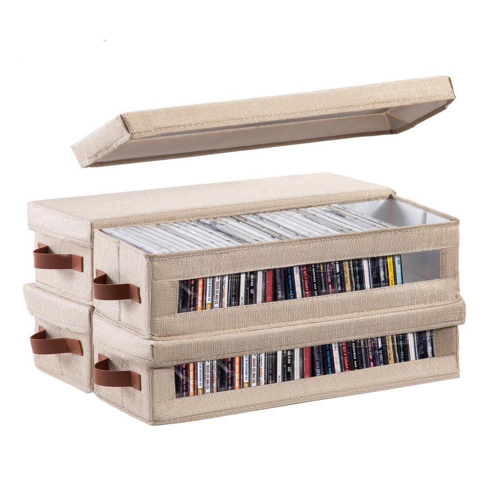 Coorganisers 4 Packs CD Storage Box with Visible Window, Stackable CD Case Holder with Dustproof Lid and Handles, Holds Up to 148 CDs in Full Jewel Cases-15.75 x 6.10 x 5.31 Inches-Beige