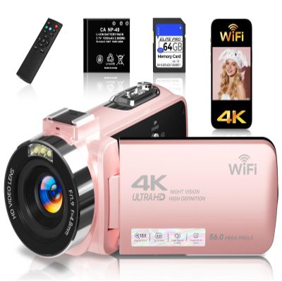 4K Video Camera Camcorder,UHD 56MP Camera Recorder,WiFi Vlogging Cameras for YouTube with IR Night Vision,18X Digital Zoom 3.0''Touch Screen Cam Corder with 64GB Card,Remote Control,Webcam,Pink