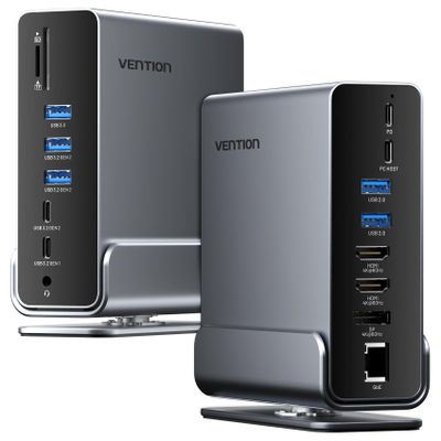 VENTION 15-in-1 Laptop Docking Station Dual Monitor, 360 Roatable Triple Monitor Docking Station with 2 * 4K HDMI and 1*DP, PD 100W Charging for Laptop, 10Gbps USB Port Transfer, RJ45, Audio, SD/TF