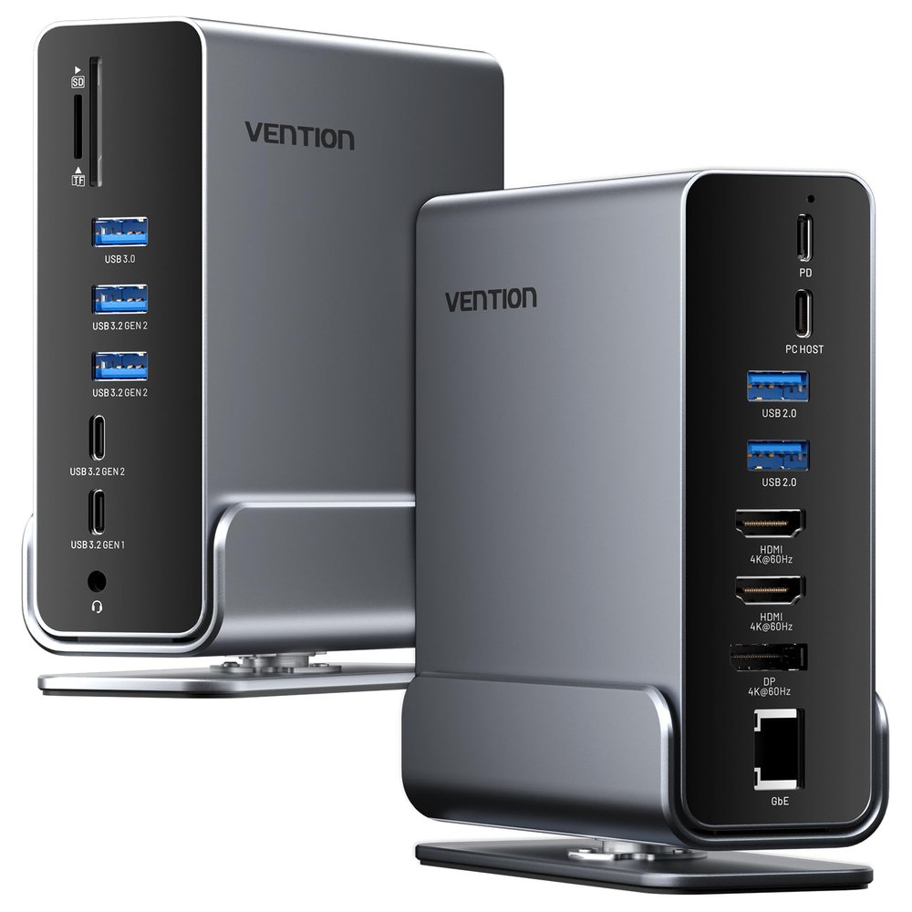 VENTION 15-in-1 Laptop Docking Station Dual Monitor, 360 Roatable Triple Monitor Docking Station with 2 * 4K HDMI and 1*DP, PD 100W Charging for Laptop, 10Gbps USB Port Transfer, RJ45, Audio, SD/TF