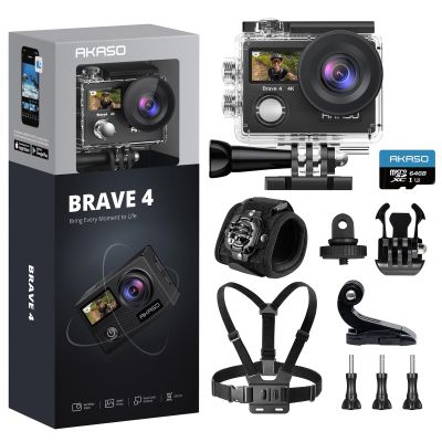 AKASO Brave 4 Action Camera with 64gb Card and Wrist Strap Chest Strap Action Camera Accessories Bundle Kit
