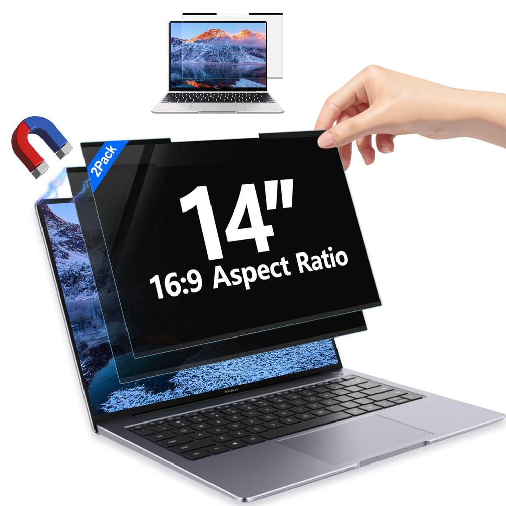 2Pack Magnetic 14 Inch Laptop Privacy Screen 16:9 Aspect Ratio, Removable Anti-Blue/Glare Protector Film, Anti Spy Desktop Security Private Filter 14in