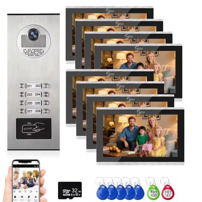 4-Wire Video Doorphone Intercom System,10 Inch Monitor, Night Vision,Live View and Conversation,Unlock by Monitor APP/Swipe Card,Smart Video Doorbell with Camera (for 8 Family)