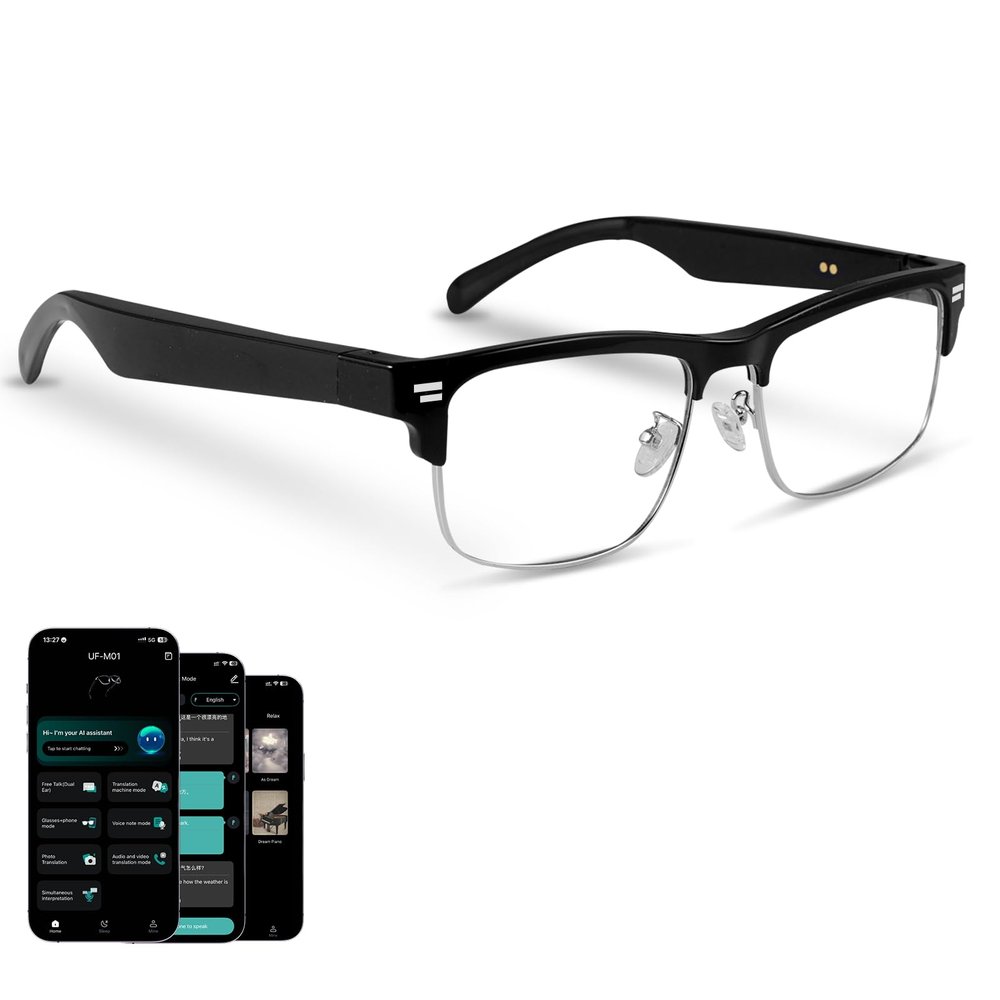 AI Translation Glasses, Real-Time Translator with 164 Languages Support, Smart Blue Light Blocking Glasses with Speakers, IPX5 Waterproof Bluetooth Eyeglasses for Travel, Business & Study (Silver)