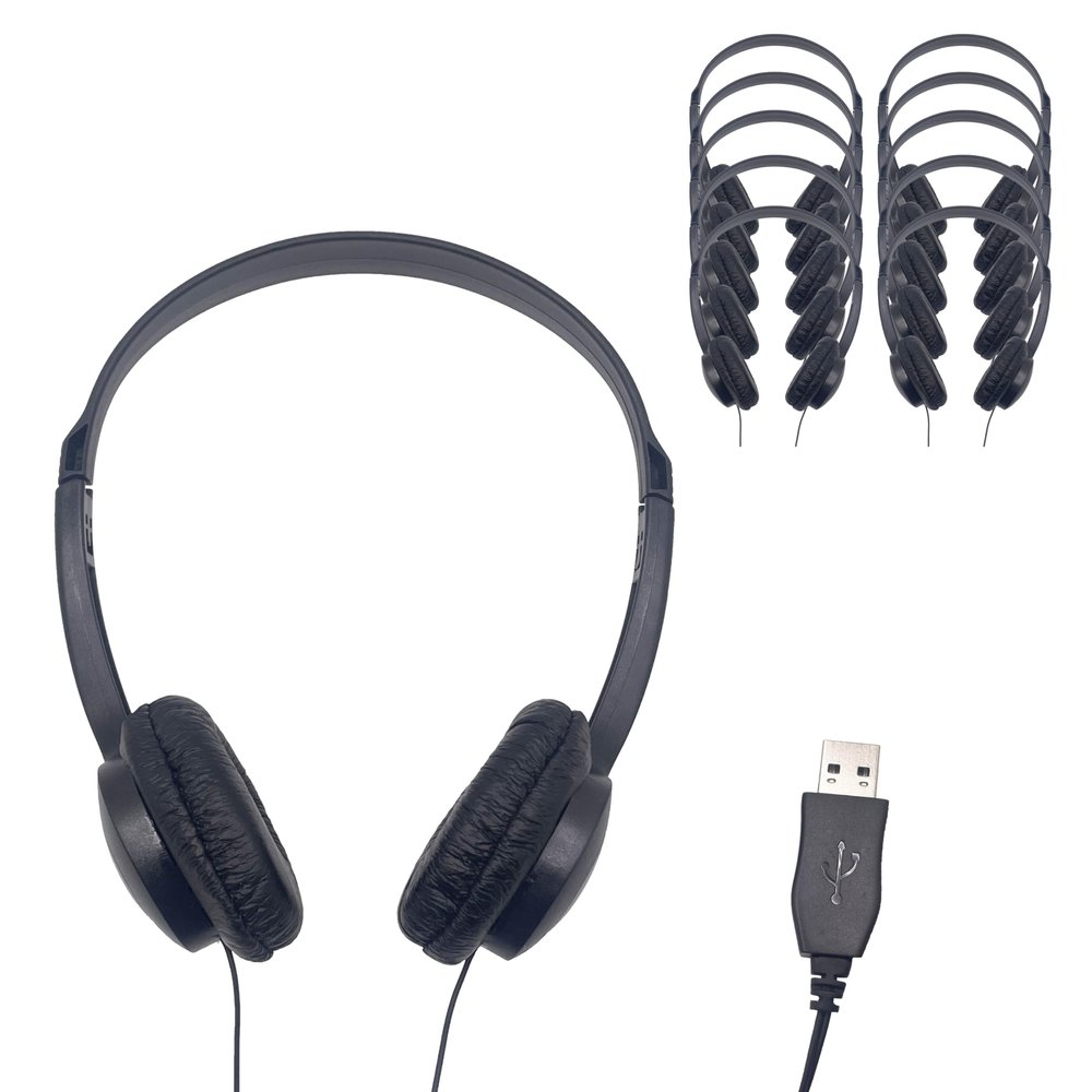 Soundnetic SN270USB Bulk School Headphones USB Classroom Headphones with Vinyl Earcups, Durable LowCost Wired Headphones for Testing, Learning, Computers, Laptops, Labs (200 Pack)