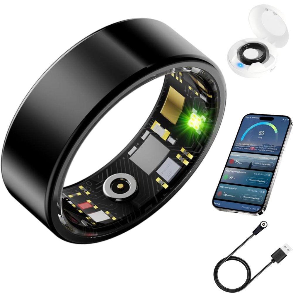 BKWAT Smart Health Ring for Men Women, Fitness Tracker Ring with Heart Rate Blood Pressure SpO2 Sleep Monitoring, 100+ Sports, Slim Stainless Steel IP68, No Subscription, iOS Android (Black, 12)