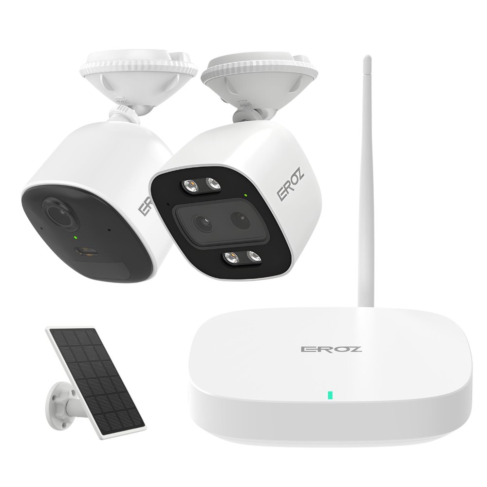 EROZ Aura WiFi 6 Smart Security System | 1 Vigil Duo AX + 1 Opal Solar Camera with Mini Hub | 2K UHD, AI Detection, Color Night Vision, 1TB Local Storage, No Monthly Fees