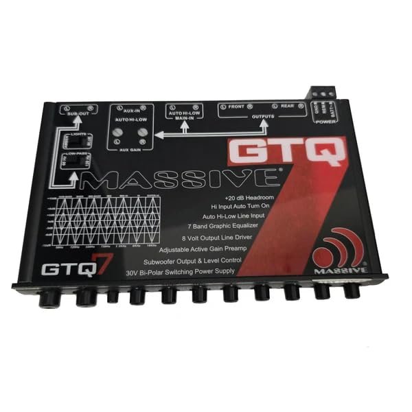 Massive Audio GTQ7 | 7-Band Car Audio Graphic Equalizer  in-Dash 7V Line Driver, Adjustable Subwoofer Crossover, Dual RCA Inputs, High/Low Fader Control for Precision Sound Tuning