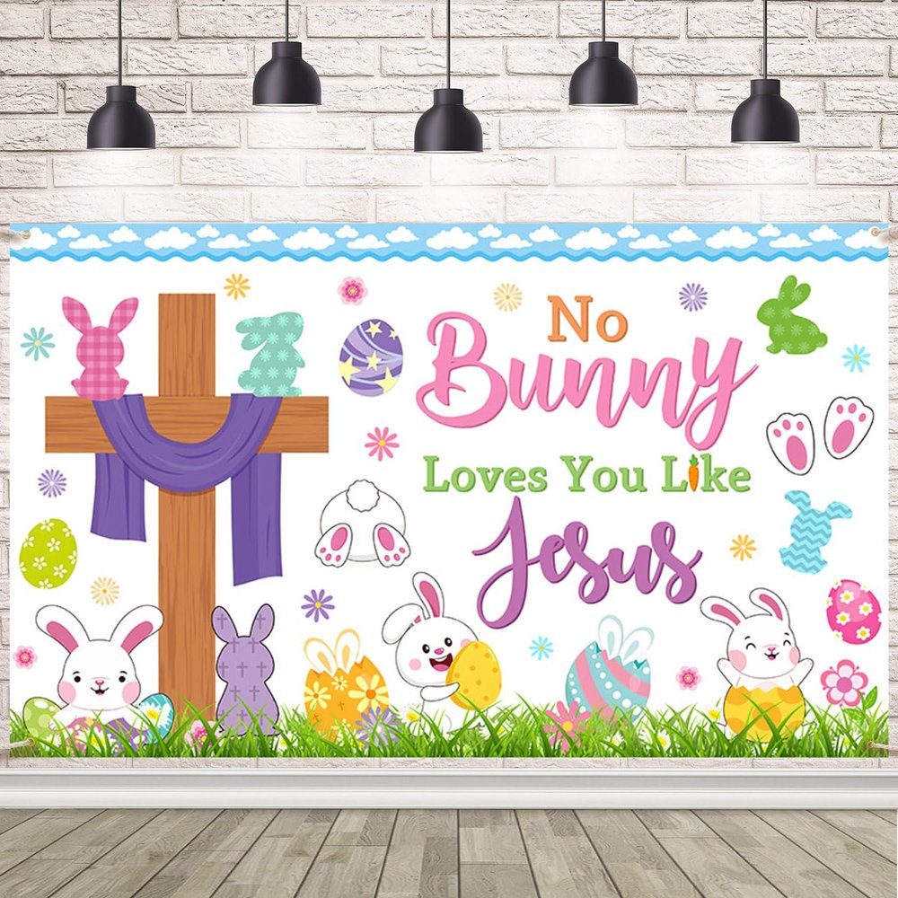 AIBIIN Easter Christian Banner No Bunny Loves You Like Jesus Easter Backdrop Spring Bunny Christian Religious Cross Party Decorations Banner for Home, Office, Garden 94.48 x 70.8 Inch