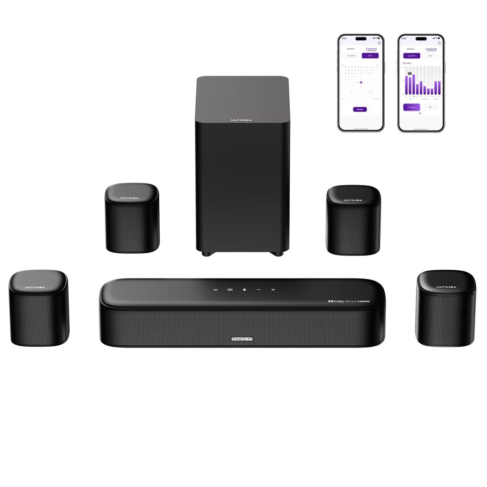 ULTIMEA 7.1ch Sound Bar with Dolby Atmos, Surround Sound System for TV with 4 Surround Speakers, Sound Bar for Smart TV with App Control, Soundbar with Subwoofer for Home Theater, HDMI eARC, Aura A60