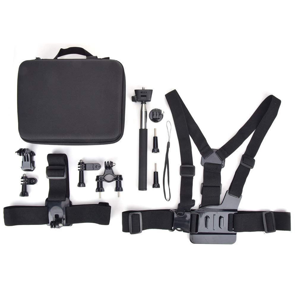 12 in 1 Action Camera Tool Kit | Chest/Helmet/Cycling Mounts | Universal Accessory Set for Outdoor Sports/Vlogging/Cycling | Selfie Stick & Case Included