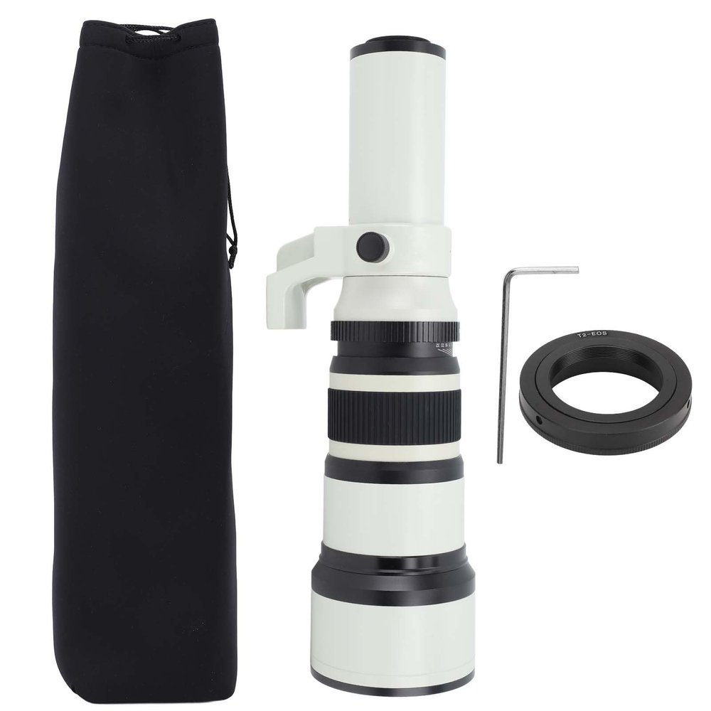 500mm F6.3 Manual Focus Telephoto Lens with T2 Adapter Ring, Metal Structure, MC Coating - High Contrast Image, Accurate Focus, Ideal for Wildlife and Sports Photography (White)