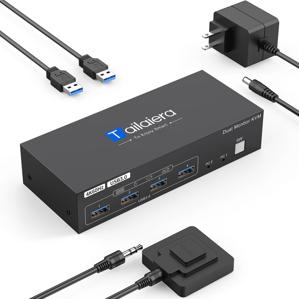 4K HDMI KVM Switch 2 Monitors 2 Computers 4K@60Hz, with 4 USB 3.0 Ports for 2 Computers Sharing 2 Monitors Keyboard Mouse Printer with 2 USB Cables, Power Adapter and Controller
