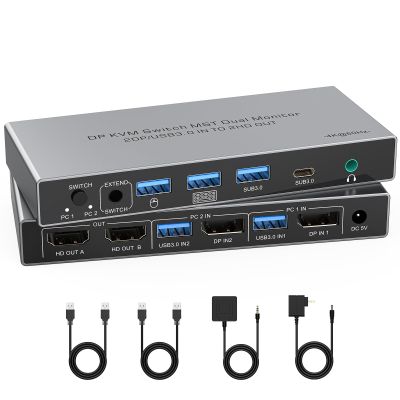 Displayport KVM Switch 2 Monitors 2 Computers, Aluminum 4K@60Hz 2 HDMI Dual Monitor 4 USB3.0 KVM Switcher 2 DP in 2 HDMI Out KVM Switcher for 2 PC Sharing Keyboard Mouse Printer Mic and Audio Output