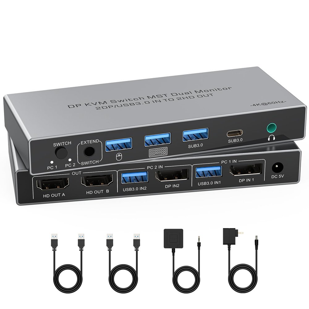 Displayport KVM Switch 2 Monitors 2 Computers, Aluminum 4K@60Hz 2 HDMI Dual Monitor 4 USB3.0 KVM Switcher 2 DP in 2 HDMI Out KVM Switcher for 2 PC Sharing Keyboard Mouse Printer Mic and Audio Output