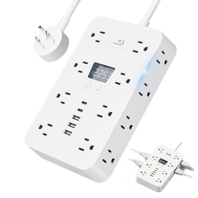 16-in-1 Power Strip with Switch & Surge Protection, Portable Flat Plug Surge Protector Power Strip, with 12 AC Power Outlets 4 USB(2C), 5/10 FT Extension Cord, for Home Office Travel (White-A, 5FT)