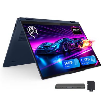 Lenovo IdeaPad 5 2-in-1 16" WUXGA Touchscreen Laptop, AMD Ryzen AI 7 350, 16GB LPDDR5X, 1.5TB Storage (512GB SSD+1TB Docking Station), AMD Radeon 860M Graphics, Backlit Keyboard, Wi-Fi 7, Win 11, Blue