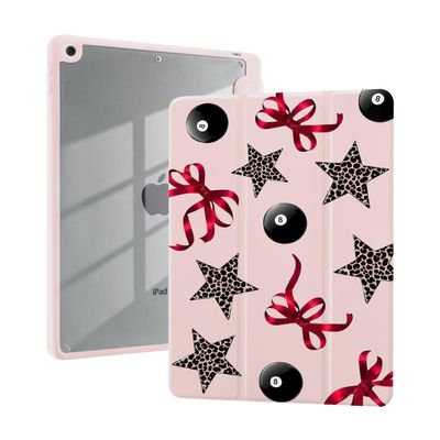 AdorableWhimsy Aesthetic Leopard Print Star Vase Case for iPad 5th/6th Generation(2017/2018), for iPad Air/Air 2 9.7 Inch Black Eight Red Bow Design Trifold Stand Leather Cover Clear Back