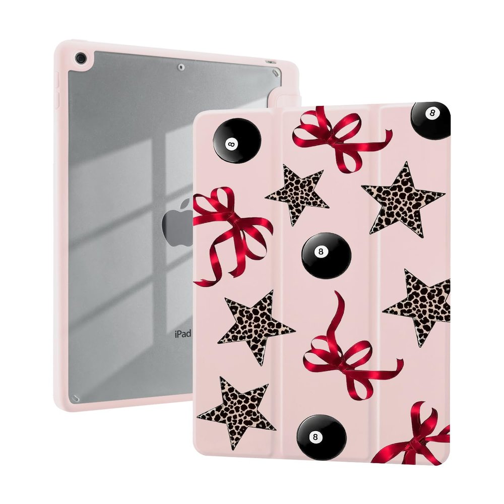 AdorableWhimsy Aesthetic Leopard Print Star Vase Case for iPad 5th/6th Generation(2017/2018), for iPad Air/Air 2 9.7 Inch Black Eight Red Bow Design Trifold Stand Leather Cover Clear Back