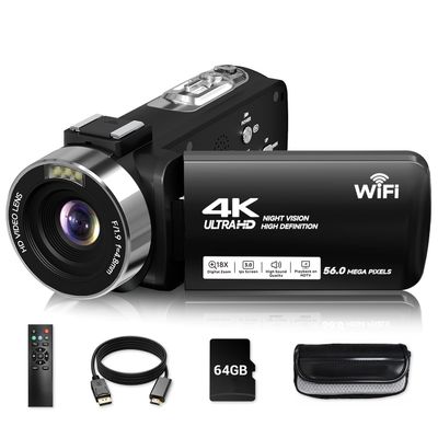 Video Camera, 4K Camcorder 56MP Digital Video Recorder 18X Zoom 3" 270 Rotation Touchscreen IR Night Vision, Wifi Vlogging Camera for YouTube 64GB Card Anti-Shake Remote Control Camera Bag Lens Cap