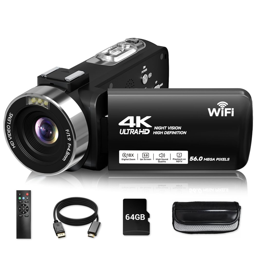 Video Camera, 4K Camcorder 56MP Digital Video Recorder 18X Zoom 3" 270 Rotation Touchscreen IR Night Vision, Wifi Vlogging Camera for YouTube 64GB Card Anti-Shake Remote Control Camera Bag Lens Cap