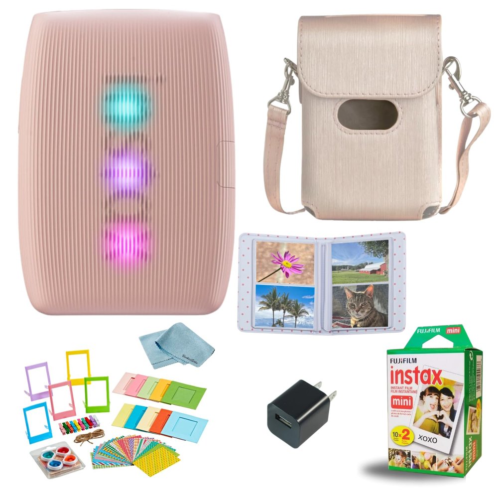 Fujifilm INSTAX Mini Link 3 Smartphone Printer + INSTAX Mini Instant Film (20 Sheets) + USB Wall Charger + BluebirdSales Travel Bag, Photo Album, Microfiber Cleaning Cloth (Rose Pink)